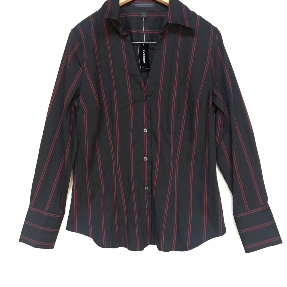 Express Black Button Down Blouse, NWT, Pinstripe
